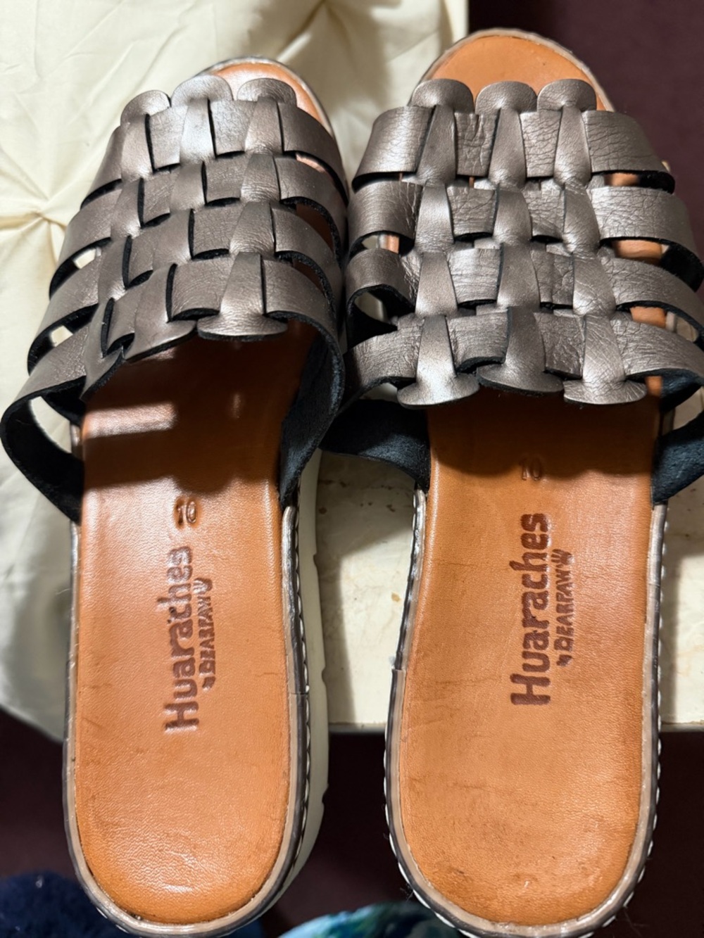 Metallic Gray Woven Slide Sandals - Women